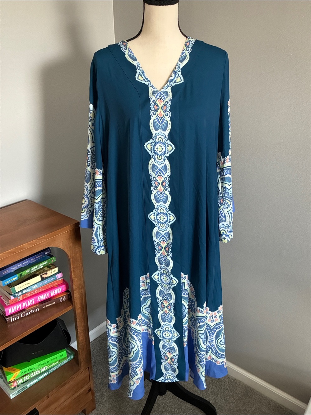 Chico's Teal V-Neck Long Sleeve Midi Dress with Paisley Trim